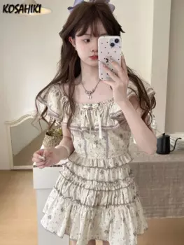 Женский комплект из двух предметов в стиле Харадзюку, Милая Кружевная плиссированная блузка с цветочным узором в стиле пэчворк, короткий топ и юбка с оборками, Y2k, летний костюм с юбкой гранж