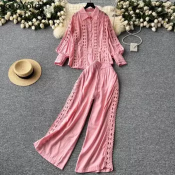 Женский комплект из двух предметов, винтажная Свободная блузка с вырезами и прямые брюки с широкими штанинами, летний костюм, 2024