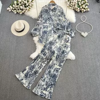 Женский комплект из трех предметов, плиссированная Свободная рубашка без бретелек с принтом чернил и широкие брюки с высокой талией