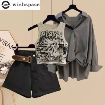 Женский комплект из трех предметов, шифоновая рубашка и джинсовые шорты с винтажным принтом на лето