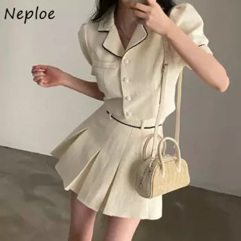 Женский комплект Neploe из двух предметов, элегантный облегающий пиджак с отложным воротником и коротким рукавом и твидовая юбка с высокой талией Y2k, лето 2024