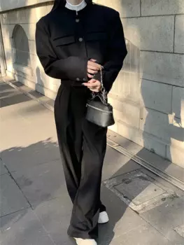 Женский комплект одежды для работы Alien Kitty, зимнее шерстяное пальто с хлопковой подкладкой и элегантные брюки с широкими штанинами