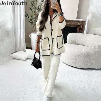 Женский комплект одежды из 2 предметов, кардиган оверсайз с высокой талией и широкие брюки, повседневный винтажный костюм, 2023