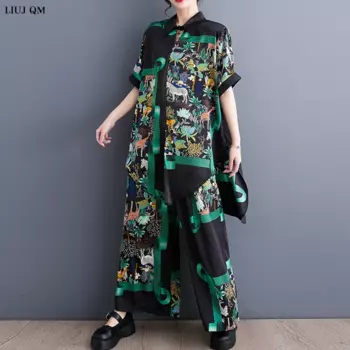 Женский комплект одежды из 2 предметов, свободная рубашка средней длины с принтом и широкие брюки, размеры до 7xl