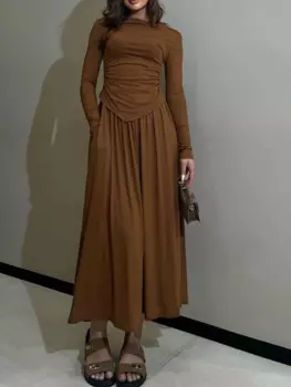 Женский комплект с тонким верхом и юбкой, однотонные топы с неровным подолом, плиссированные юбки с длинными рукавами, простой и удобный женский повседневный костюм со складками