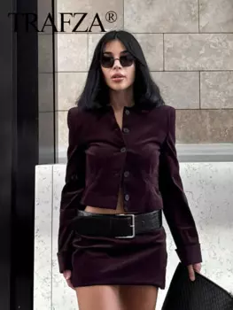 Женский комплект TRAFZA, однобортное пальто с отложным воротником и длинными рукавами + пояс с высокой талией, юбки на молнии, осенний женский костюм 2024, модный