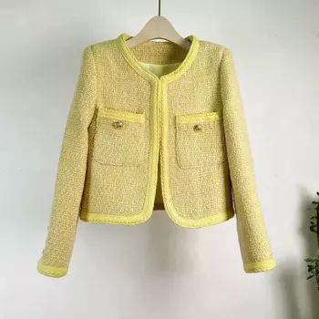 Женский короткий Блейзер желтого цвета с круглым вырезом, Осень-зима