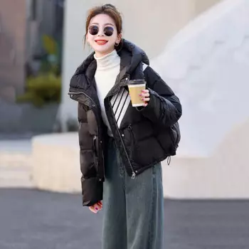 Женский короткий пуховик, зима 2024, новый свободный утолщенный белый утиный пух, теплая куртка-пуховик, повседневное ветрозащитное пальто с капюшоном