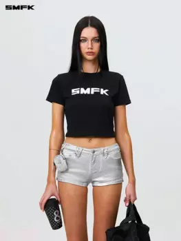 Женский короткий топ SMFK с надписью, Летний Эластичный облегающий топ с коротким рукавом, винтажные повседневные хлопковые короткие футболки