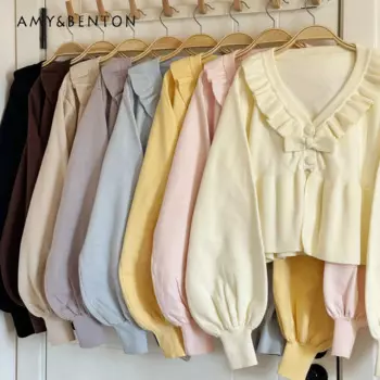 Женский Короткий трикотажный кардиган с бантом и V-образным вырезом