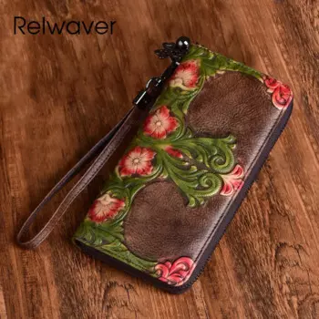 Женский кошелек Relwaver из натуральной коровьей кожи, с длинной молнией, в китайском стиле, с Цветочным Тиснением, ручной работы, матовый цвет, кошелек-клатч 2024
