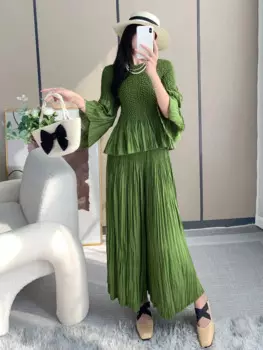 Женский костюм ALSEY из двух предметов, однотонный топ с длинным рукавом и круглым вырезом + свободные девять минут брюки, костюм на осень 2024