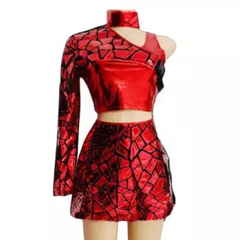 Женский костюм DJ Gogo для джазовых танцев, командный костюм, красные, фиолетовые лазерные зеркальные топы, короткая мини-юбка, Rave, наряд для ночного клуба, танцевальный костюм для выступления