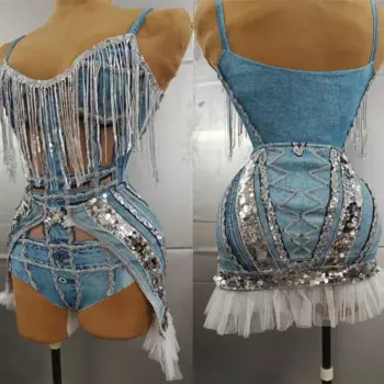 Женский костюм для клуба, барного клуба, яркая одежда для выступлений из искусственного денима с блестками и бахромой, боди, юбка, костюм для диджея, певицы
