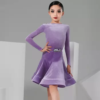 Женский костюм для латиноамериканских соревнований, фиолетовый длинный костюм Sleve с круглым вырезом и юбкой, танцевальный костюм самбы, модель YS4266