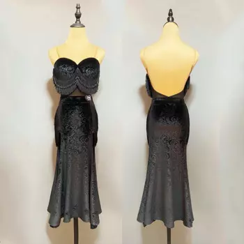 Женский костюм для латиноамериканских танцев, черное платье с бахромой и разрезом, одежда для выступлений, танцевальный костюм для взрослых, JL6016, 2024