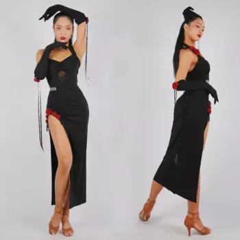 Женский костюм для латиноамериканских танцев, длинный костюм с лямкой на шее и топом с разрезом, SL9543