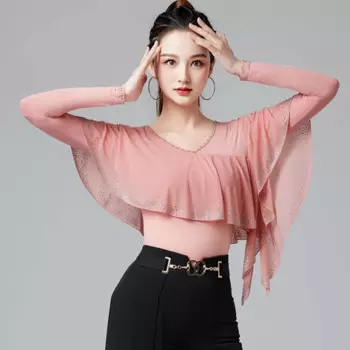 Женский костюм для танго, 3 цвета, топ с оборками и длинным рукавом для бальных танцев, танцевальный костюм для выпускного, вальса DL11047