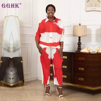 Женский костюм-двойка GGHK Miyake, Повседневный Кардиган с цветными блокировками и брюки до середины икры, 2023