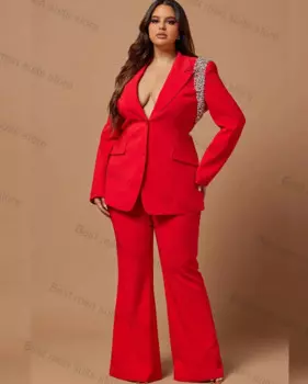 Женский костюм-двойка из блейзера и брюк, красного цвета