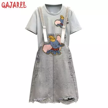 Женский костюм-двойка из футболки с коротким рукавом и джинсового платья