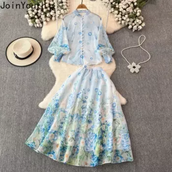 Женский костюм-двойка с юбкой, рубашка с воротником-стойкой и рукавами-фонариками, трапециевидная юбка с высокой талией и цветочным принтом, костюм в Корейском стиле на лето