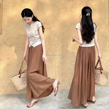 Женский костюм-двойка в китайском стиле, элегантная повседневная блузка-Ципао с коротким рукавом и широкие брюки, костюм Тан, w898, лето 2024