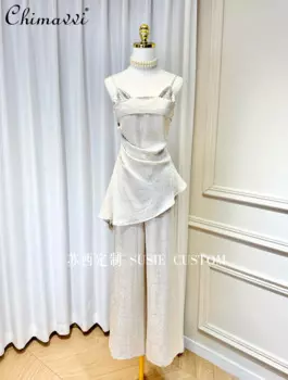 Женский костюм из двух предметов, элегантный пригородный топ на бретельках с блестками и высокой талией, прямые длинные брюки с карманами