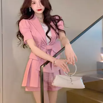 Женский костюм из двух предметов, элегантный розовый пиджак с бантом и плиссированный костюм хакама с высокой талией, лето 2022