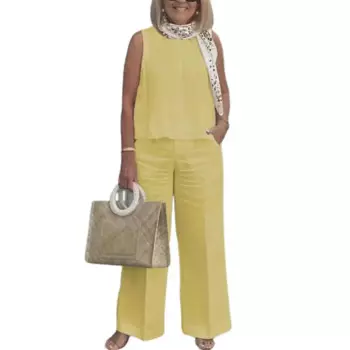 Женский костюм из двух предметов, элегантный женский комплект из жилета и брюк в строгом стиле, топ с круглым вырезом и широкие брюки с высокой талией, 2