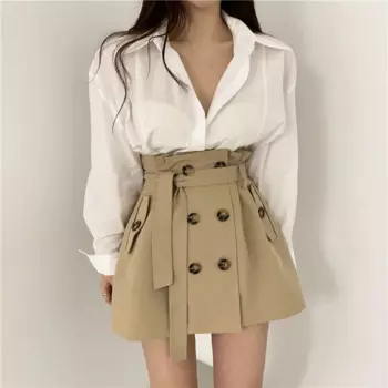 Женский костюм из двух предметов, белая и синяя рубашка с длинным рукавом и трапециевидная мини-юбка с высокой талией, костюм в Корейском стиле на осень