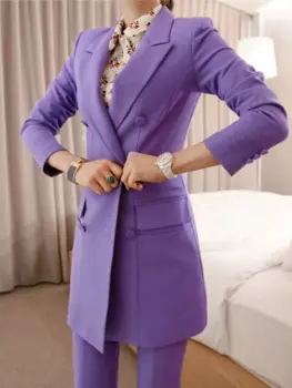 Женский костюм из двух предметов, деловой костюм с двубортным пиджаком и брюками с разрезом, облегающий костюм в Корейском стиле