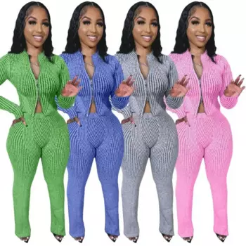 Женский костюм из двух предметов, кофта на молнии с длинным рукавом и расклешенные брюки с высокой талией, повседневные Костюмы на осень и зиму