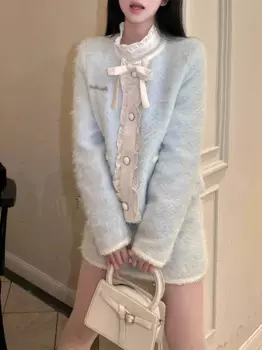 Женский костюм из двух предметов, пиджак и юбка с круглым вырезом на завязках, однобортный приталенный костюм нежно-голубого цвета с оборками на весну