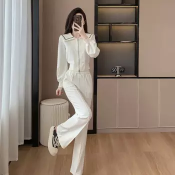 Женский костюм из двух предметов, Повседневная Уличная одежда, спортивный костюм, женский темно-синий свитшот с воротником на подкладке, пальто и брюки, костюм на осень 2023