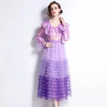 Женский костюм из двух предметов, прозрачный топ с оборками и сетчатая многослойная юбка с эластичным поясом и градиентом, костюм в Корейском стиле на лето