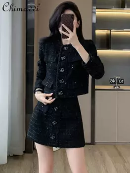 Женский костюм из двух предметов, шерстяной пиджак с длинным рукавом и мини-юбка, костюм в офисном стиле, осень 2024