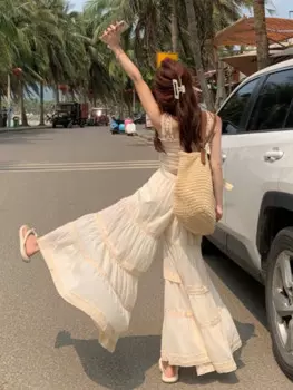 Женский костюм из двух предметов в стиле ретро, бежевый элегантный облегающий топ с открытой спиной и бахромой и плиссированные длинные брюки с высокой эластичной талией, лето