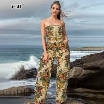 Женский костюм из топа и брюк, без бретелек, с кисточками