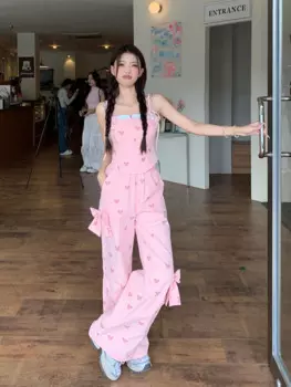 Женский костюм из жилета и брюк с бантом, розовая эластичная футболка на бретельках с высокой талией и брюки с широкими штанинами