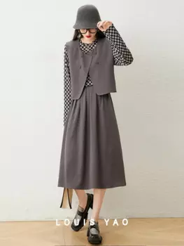 Женский костюм LOUIS YAO, жилет, полуюбка, комплект из двух предметов, осень 2023, Женский костюм средней длины с юбкой без рукавов