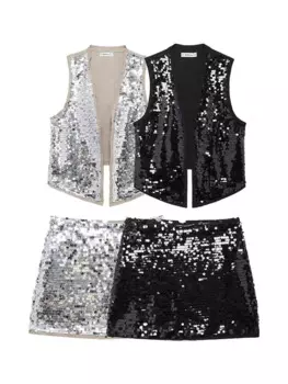 Женский костюм с блестками и мини-юбкой, 2 цвета