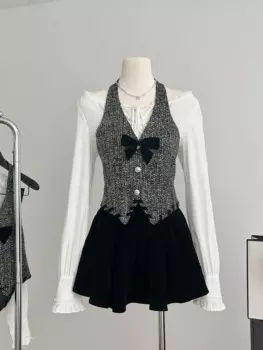 Женский костюм с длинным рукавом, рубашка + жилет + мини-юбка