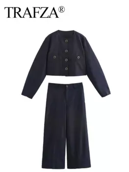 Женский костюм с круглым вырезом и длинными рукавами, однобортный короткий пиджак с карманами и брюки с высокой талией и широкими штанинами