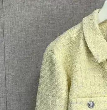 Женский костюм с металлическими пуговицами, Желтый Повседневный Топ с длинным рукавом и модные брюки, элегантный офисный костюм для дам