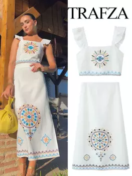 Женский костюм с принтом TRAFZA, белый топ без рукавов с квадратным вырезом и длинная юбка на молнии с высокой талией и разрезом, летний костюм с юбкой