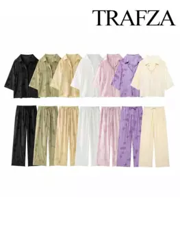 Женский костюм с принтом TRAFZA, однобортная Повседневная рубашка с отложным воротником и длинными рукавами + широкие брюки с завышенной талией на шнуровке на лето