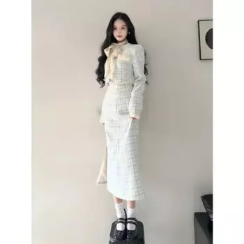 Женский костюм UNXX из двух предметов, синий клетчатый короткий пиджак и однобортная длинная юбка с высокой талией в стиле ретро, Y2k