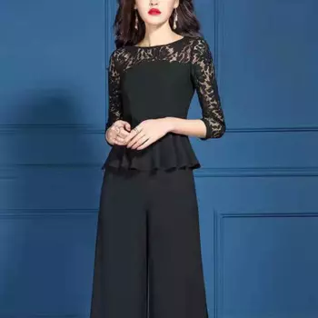 Женский костюм весна-лето 2023, модный черный костюм с широкими брюками, кружевной костюм из двух предметов, Женский костюм с брюками