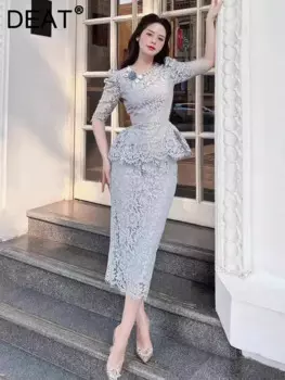 Женский кружевной комплект DEAT, комплект из 2 предметов в стиле пэчворк, с жемчугом и стразами, с 3D цветочным вырезом, летний костюм 2024, 13 дб5163